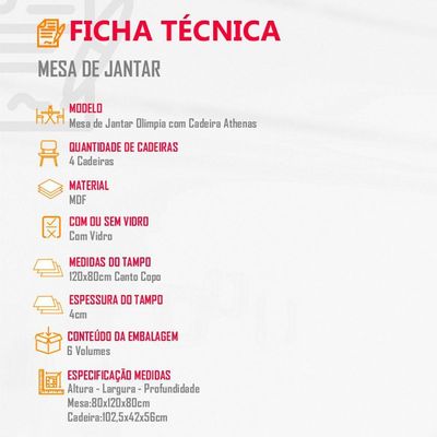 Mesa Olímpia 120cm Mdf Vidro Canto Copo Com 4 Cadeiras