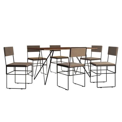 Mesa Jantar Retangular Industrial Trama 1,50x0,90m Amêndoa 6 Cadeiras Estofadas Bege E Preto Vitória Marrom