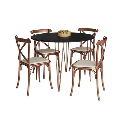 Mesa Jantar Redonda Preta Elen 110cm Hairpin Com 4 Cadeiras Katrina Cobre Preto