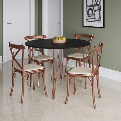 Mesa Jantar Redonda Preta Elen 110cm Hairpin Com 4 Cadeiras Katrina Cobre Preto