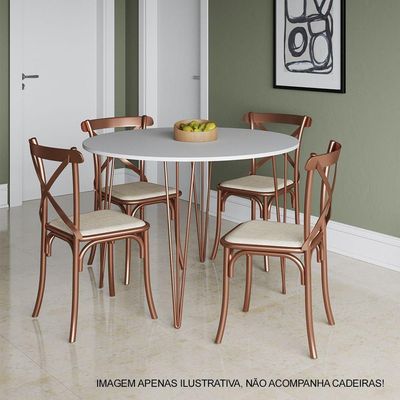 Mesa Jantar Redonda Branca Hairpin 90cm Elen Base Cobre Branco