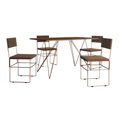 Mesa Jantar Industrial Trama 1,40x0,80m Amêndoa Com 4 Cadeiras Estofadas Vitória Marrom E Cobre Marrom