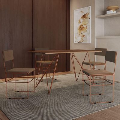 Mesa Jantar Industrial Trama 1,40x0,80m Amêndoa Com 4 Cadeiras Estofadas Vitória Marrom E Cobre Marrom