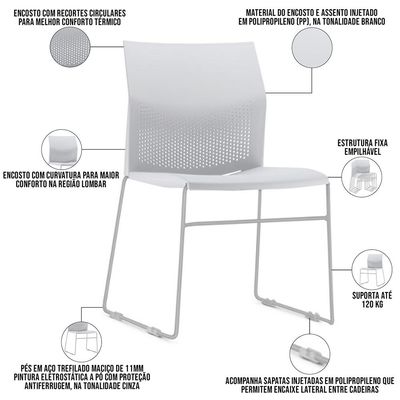 Cadeira Empilhável Fixa Link F02 Base Aço Cinza Branco - Lyam Decor