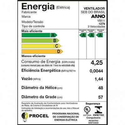 Ventilador Parede Arno 50cm Vb51 Force Breezer Preto 127v