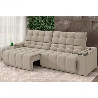 Sofá Connect Premium 2,30m Assento Retrátil-reclinável Com Porta Copos E Entrada Usb Suede Areia