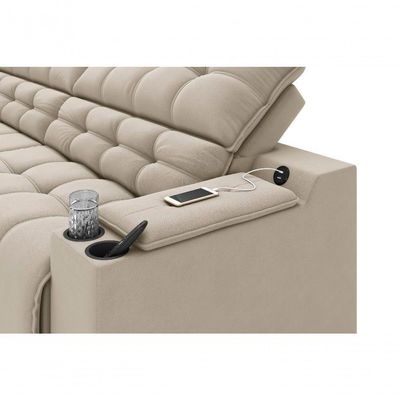 Sofá Connect Premium 2,30m Assento Retrátil-reclinável Com Porta Copos E Entrada Usb Suede Areia