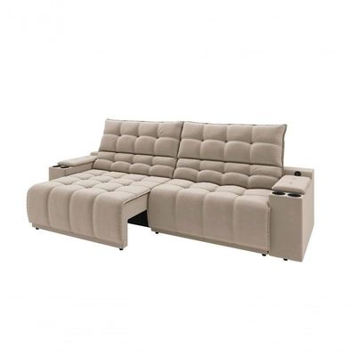 Sofá Connect Premium 2,30m Assento Retrátil-reclinável Com Porta Copos E Entrada Usb Suede Areia