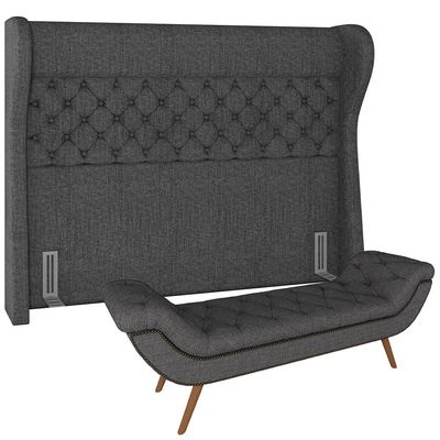 Kit Cabeceira Cama Box Casal 160 cm Madrid com Puff Recamier Santorini Linho Chumbo - Lyam Decor