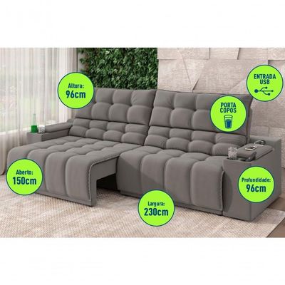Sofá Connect Premium 2,30m Assento Retrátil-reclinável Com Porta Copos E Entrada Usb Suede Cinza