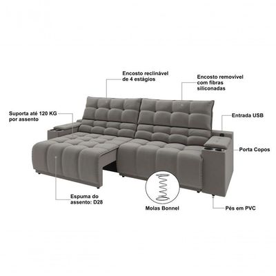 Sofá Connect Premium 2,30m Assento Retrátil-reclinável Com Porta Copos E Entrada Usb Suede Cinza