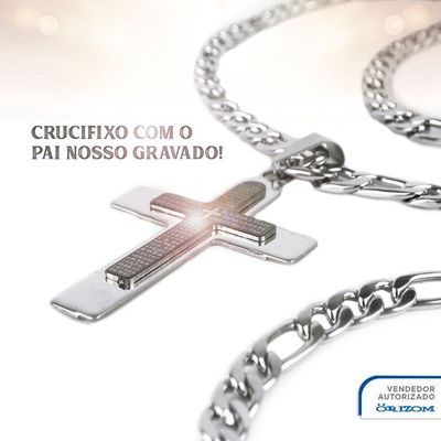 Relogio Masculino Aço Inox Prova Dagua + Cordão Crucifixo Religioso Original Pesado Mostrador Preto