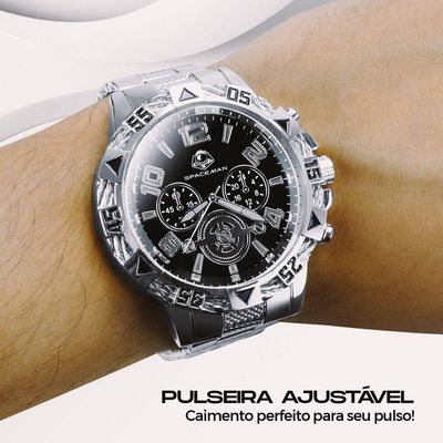 Relogio Masculino Aço Inox Prova Dagua + Cordão Crucifixo Religioso Original Pesado Mostrador Preto