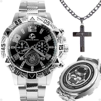 Relogio Masculino Aço Inox Prova Dagua + Cordão Crucifixo Religioso Original Pesado Mostrador Preto