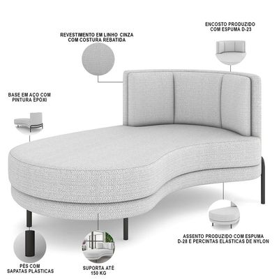 Sofá Chaise Longue Sala de Estar Living Lucca Esquerdo D02 Linho Cinza D-315 - Lyam Decor