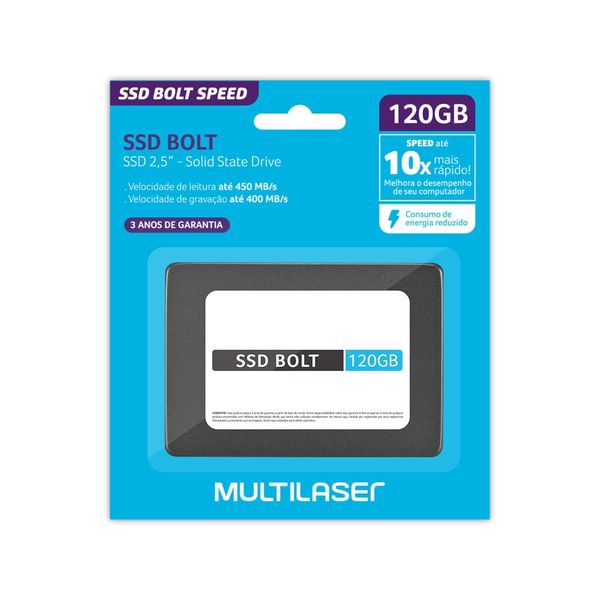 SSD Multilaser, 2.5 POL., SATA, 120GB, Bolt, Gravação até 400 MB/S - SS120 SS120 SSD Multilaser, 2.5 POL., SATA, 120GB, Bolt, Gravação até 400 MB/S - SS120 SS120
