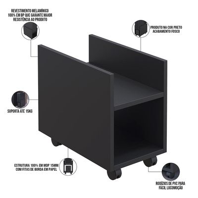 Kit 03 Suportes Para Cpu E Nobreak Com Rodízios Guide L03 Preto - Lyam Decor