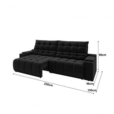 Sofá Connect Premium 2,30m Assento Retrátil-reclinável Com Porta Copos E Entrada Usb Suede Preto