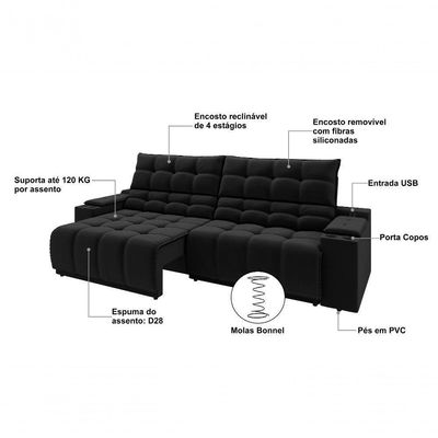 Sofá Connect Premium 2,30m Assento Retrátil-reclinável Com Porta Copos E Entrada Usb Suede Preto