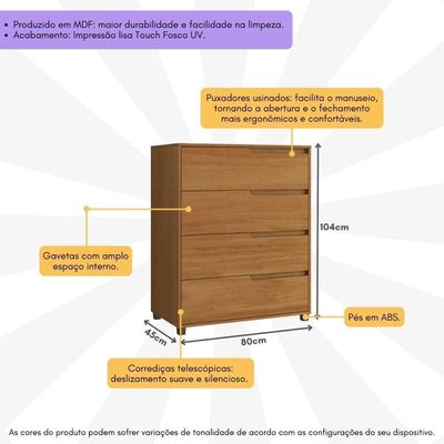 Cômoda 80cm Com 4 Gavetas Multimóveis Cr35243 Nature
