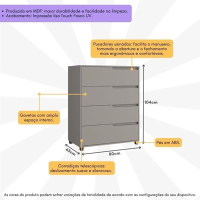 Cômoda 80cm Com 4 Gavetas Multimóveis Cr35243 Cinza