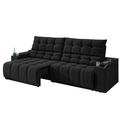 Sofá Connect Premium 2,00m Assento Retrátil-reclinável Com Porta Copos E Entrada Usb Suede Preto
