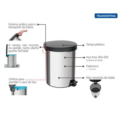 Lixeira New Aço Inox Polido Com Pedal 12 Litros - Tramontina 94538/712