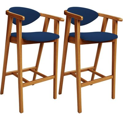 Kit 02 Banquetas Alta Cozinha Bancada Bar Sala de Jantar Fixa Cecília L02 Suede Azul Marinho - Lyam