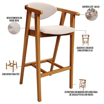 Banqueta Alta Para Cozinha Bancada Bar Sala de Jantar Fixa Cecília L02 Suede Bege - Lyam