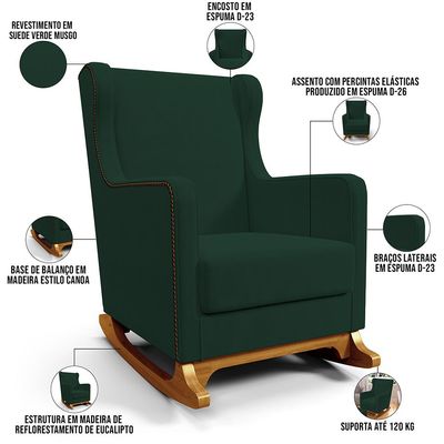 Poltrona de Amamentação com Balanço Mavie L02 Suede Verde Musgo - Lyam Decor