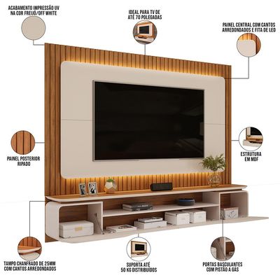 Painel Ripado Suspenso Para TV 70 Pol 210cm Rizzo D05 Off White Freijó - Lyam Decor