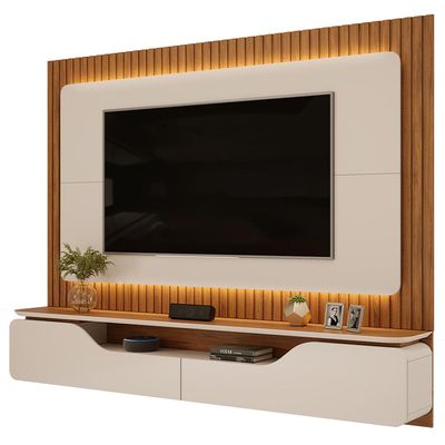 Painel Ripado Suspenso Para TV 70 Pol 210cm Rizzo D05 Off White Freijó - Lyam Decor