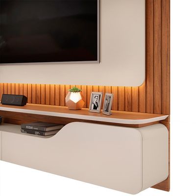 Painel Ripado Suspenso Para TV 70 Pol 210cm Rizzo D05 Off White Freijó - Lyam Decor