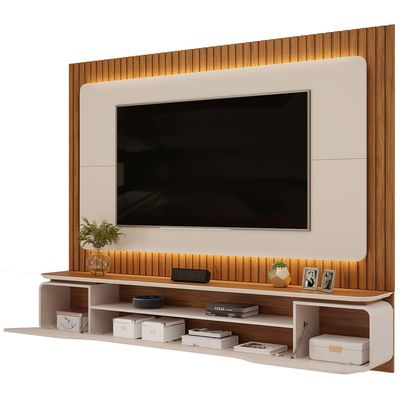 Painel Ripado Suspenso Para TV 70 Pol 210cm Rizzo D05 Off White Freijó - Lyam Decor
