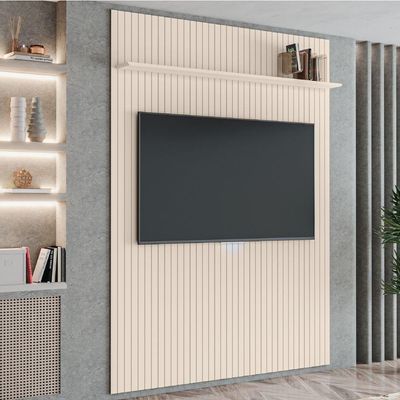 Painel Para Tv Até 55 Polegadas Ripado Com Prateleira Arbo 1,35x2,40m Off White Edn Off White