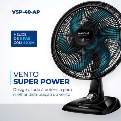 VENTILADOR MONDIAL DE MESA 6 PÁS SUPER POWER 140W PRETO AZUL 110V VSP-40-AP