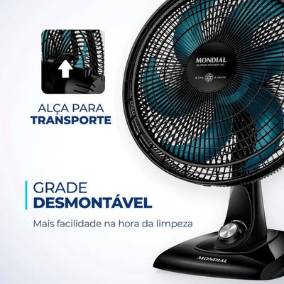 VENTILADOR MONDIAL DE MESA 6 PÁS SUPER POWER 140W PRETO AZUL 110V VSP-40-AP