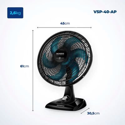 VENTILADOR MONDIAL DE MESA 6 PÁS SUPER POWER 140W PRETO AZUL 110V VSP-40-AP