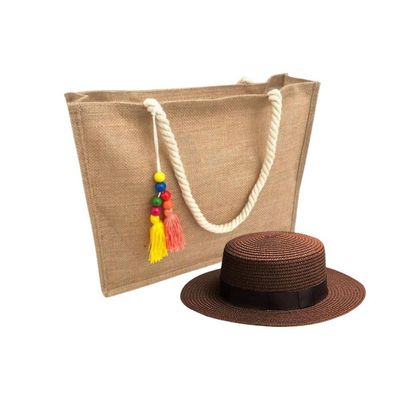 Kit Chapéu Paris E Bolsa Palha Juta Zíper Praia Verão Moda Piscina marrom