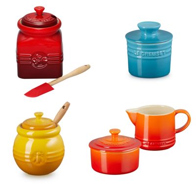 KIT LE CREUSET CONJUNTO CREME E AÇÚCAR LARANJA + POTES DE GELÉIA VERMELHO, MEL AMARELO NÉCTAR, MANTEIGA Azul Caribe