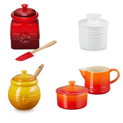 KIT LE CREUSET CONJUNTO CREME E AÇÚCAR LARANJA + POTES DE GELÉIA VERMELHO, MEL AMARELO NÉCTAR, MANTEIGA Branco