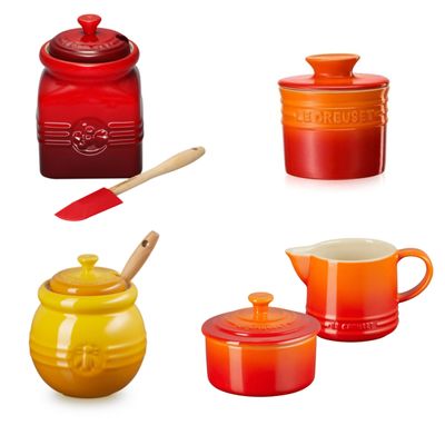 KIT LE CREUSET CONJUNTO CREME E AÇÚCAR LARANJA + POTES DE GELÉIA VERMELHO, MEL AMARELO NÉCTAR, MANTEIGA Laranja