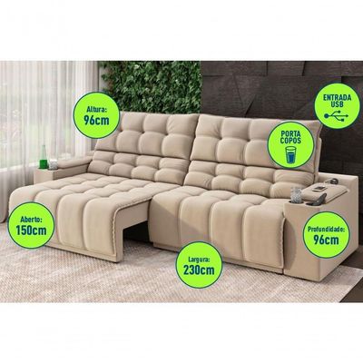 Sofá Connect Premium 2,30m Assento Retrátil-reclinável Com Porta Copos E Entrada Usb Suede Capuccino