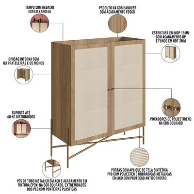 Armário Bar Para Sala 2 Portas 93cm Industrial Indy A03 Hanover Dourado - Lyam Decor