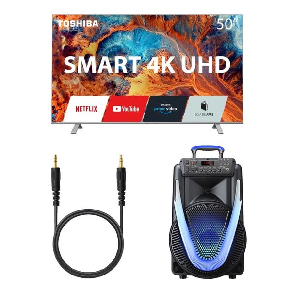 Combo Sound - Tela Toshiba 4K 50 Pol Smart Vidaa, Caixa de Som Acústica 800W e Cabo P2 de 1,2mt Preto – SP3960K SP3960K Combo Sound - Tela Toshiba 4K 50 Pol Smart Vidaa, Caixa de Som Acústica 800W e Cabo P2 de 1,2mt Preto – SP3960K SP3960K