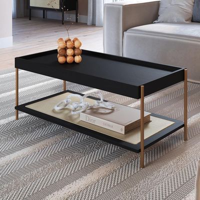 Conjunto Mesa de Centro e Mesa Lateral Para Sala Industrial Indy A03 Nero Dourado - Lyam Decor
