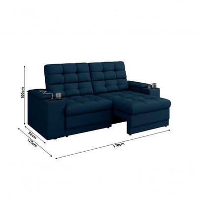 Sofá Confort Premium 1,70m Assento Retrátil-reclinável Porta Copos E Usb Suede Azul - X Sofas