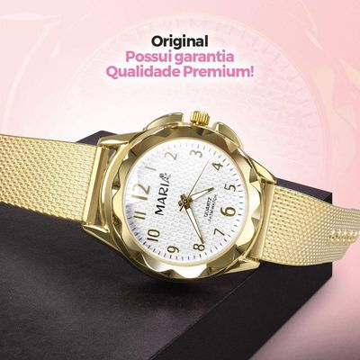 Relogio Feminino Dourado Aço + Caixa + Colar Duplo Coração Original Presente Qualidade Premium Ouro
