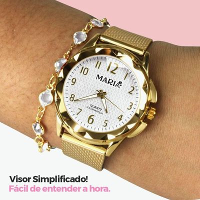 Relogio Feminino Dourado Aço + Caixa + Colar Duplo Coração Original Presente Qualidade Premium Ouro