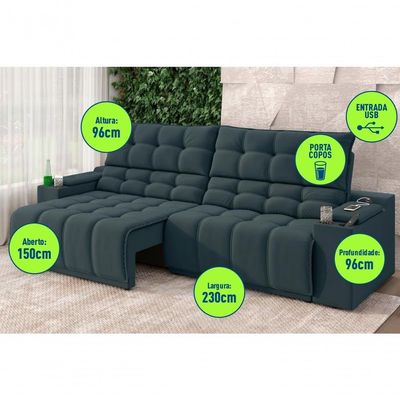 Sofá Connect Premium 2,30m Assento Retrátil-reclinável Com Porta Copos E Entrada Usb Suede Petróleo